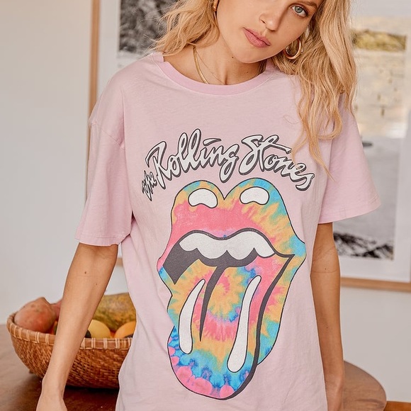 Daydreamer Pink Rolling Stones Tie Dye Tongue Oversized Short Sleeve Shirt - Picture 12 of 13